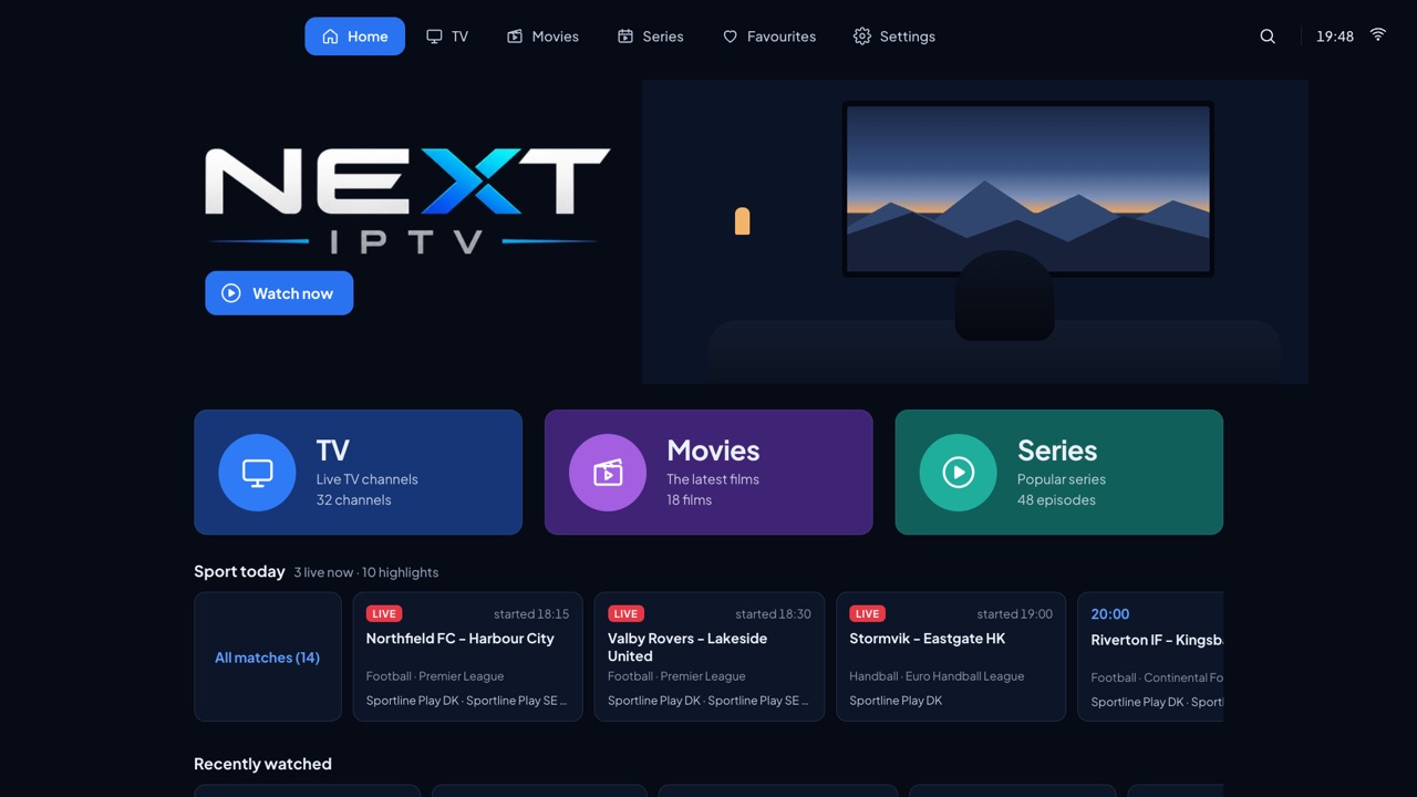 The Evrybyte Player home screen on a TV, with live TV, movies, series and sports today